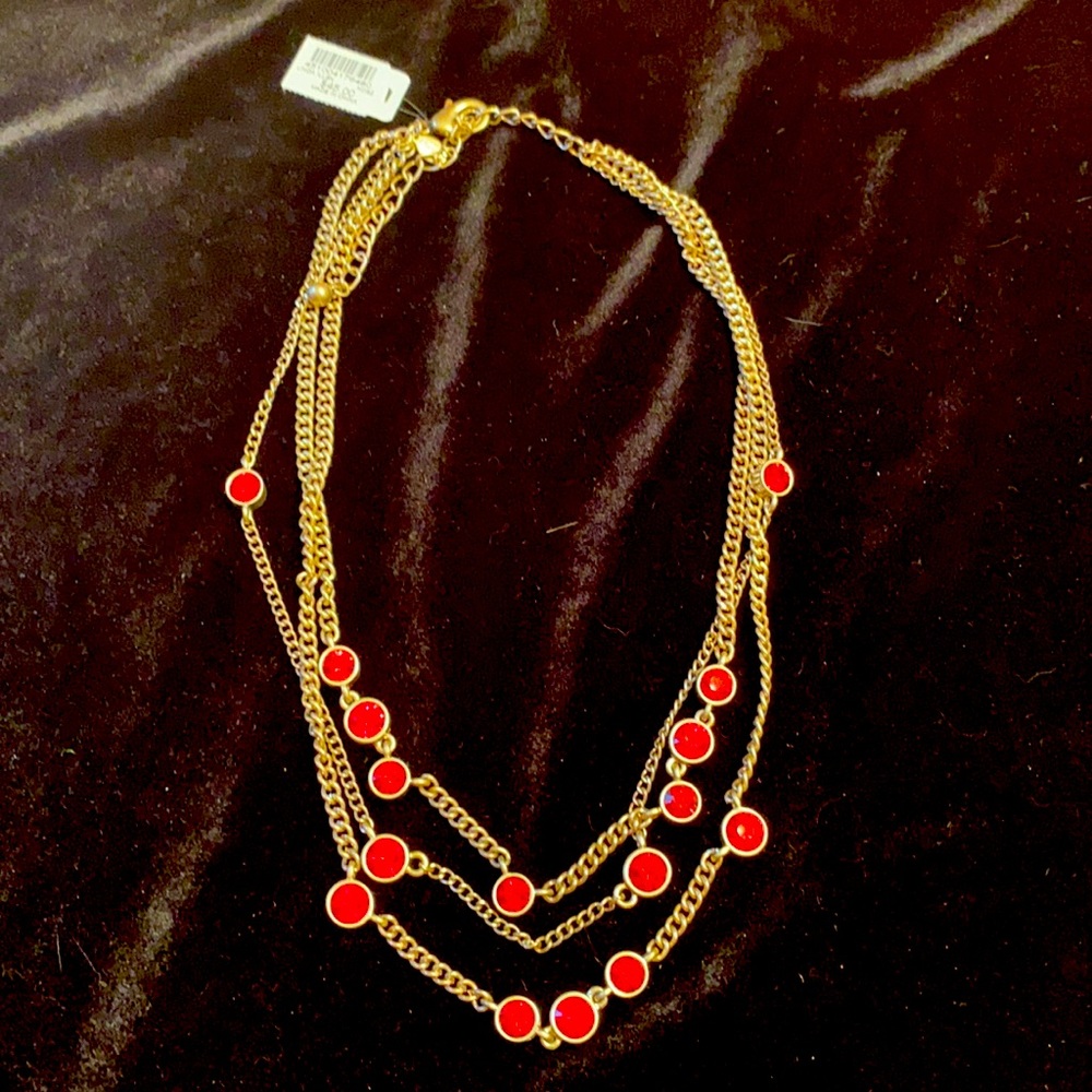 Chico’s gold and Red Stoned layered Necklace Brand New